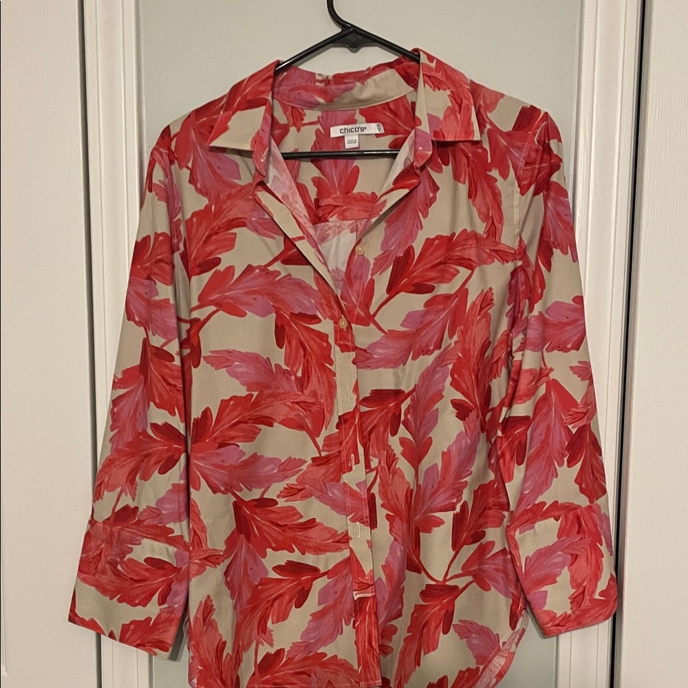 Chico's Vibrant Red and Pink Leaf Print Button Down Shirt